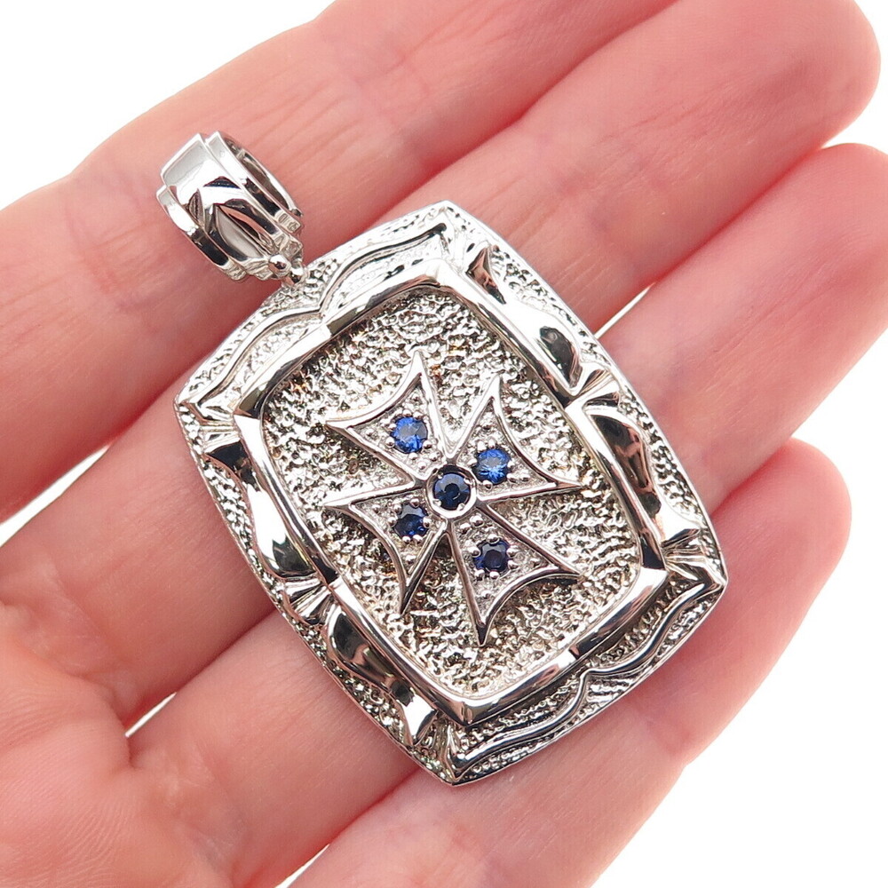 Jolusa 925 Sterling Silver Real Round-Cut Sapphire Maltese Cross Pendant